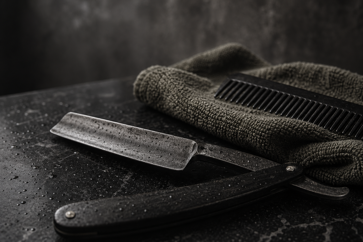 Razor, peine y herramientas sobre marmol oscuro