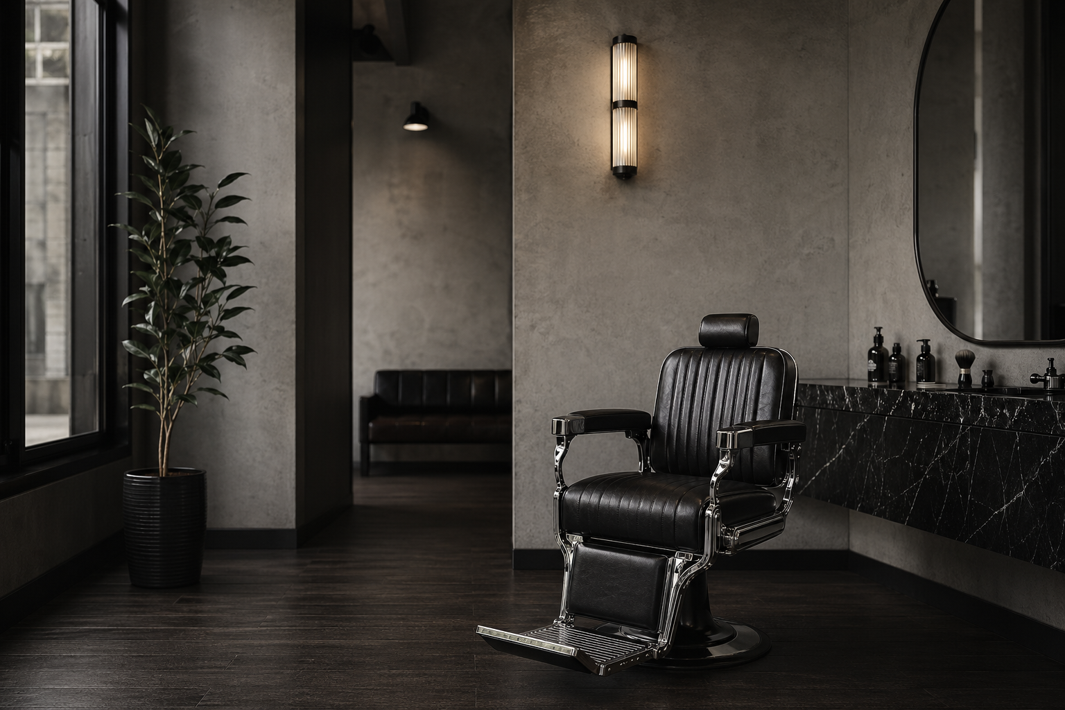 Interior moderno de barberia con silla premium