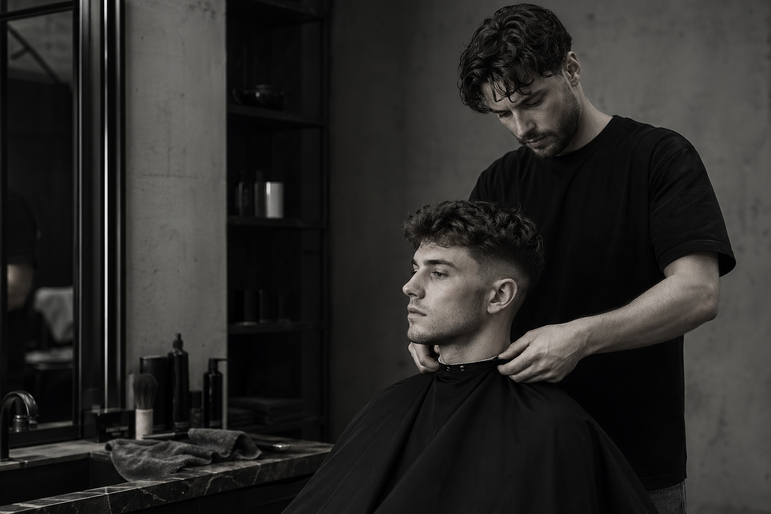 Barbero ajustando capa antes de iniciar un corte